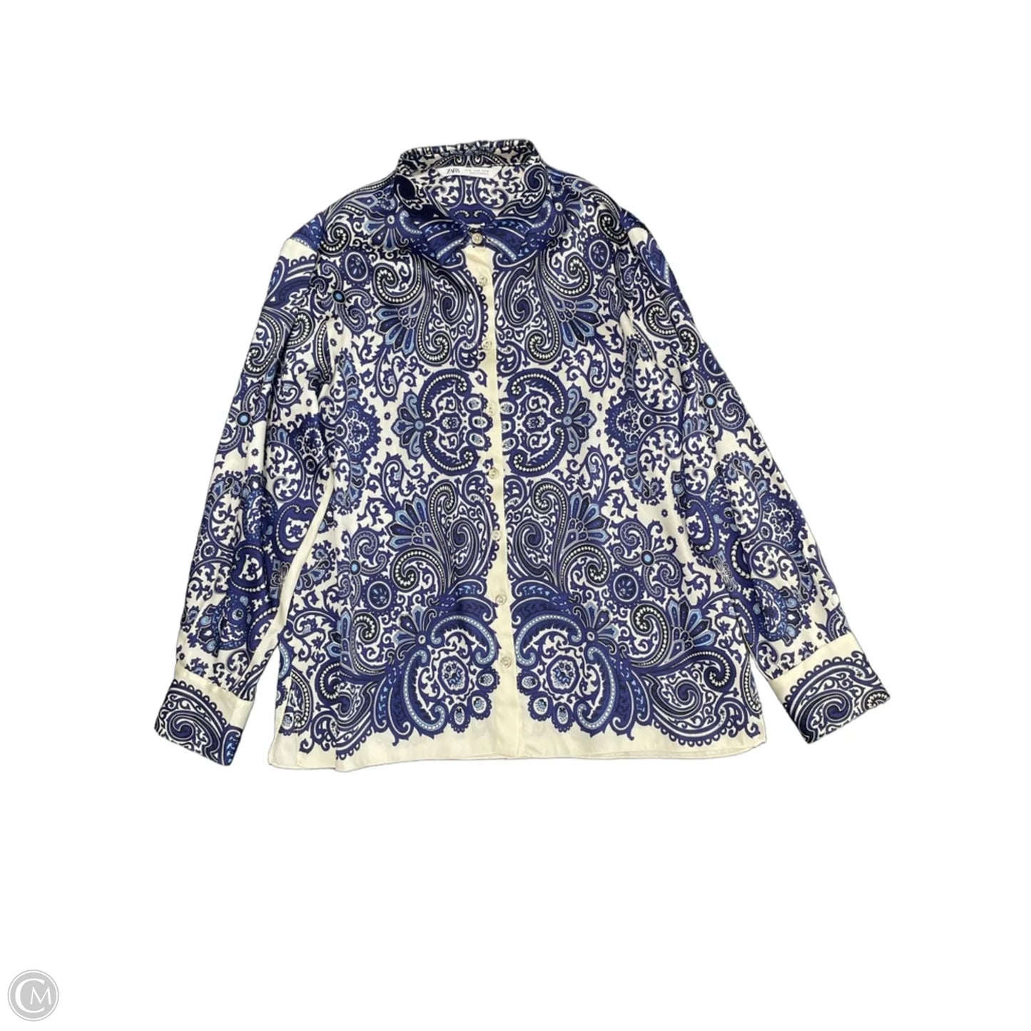 Blouse Long Sleeve By Zara In Blue & White, Size: M