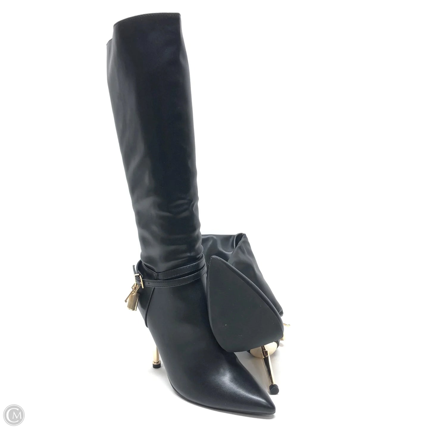 Boots Knee Heels By Fashion Nova In Black & Gold, Size: 7