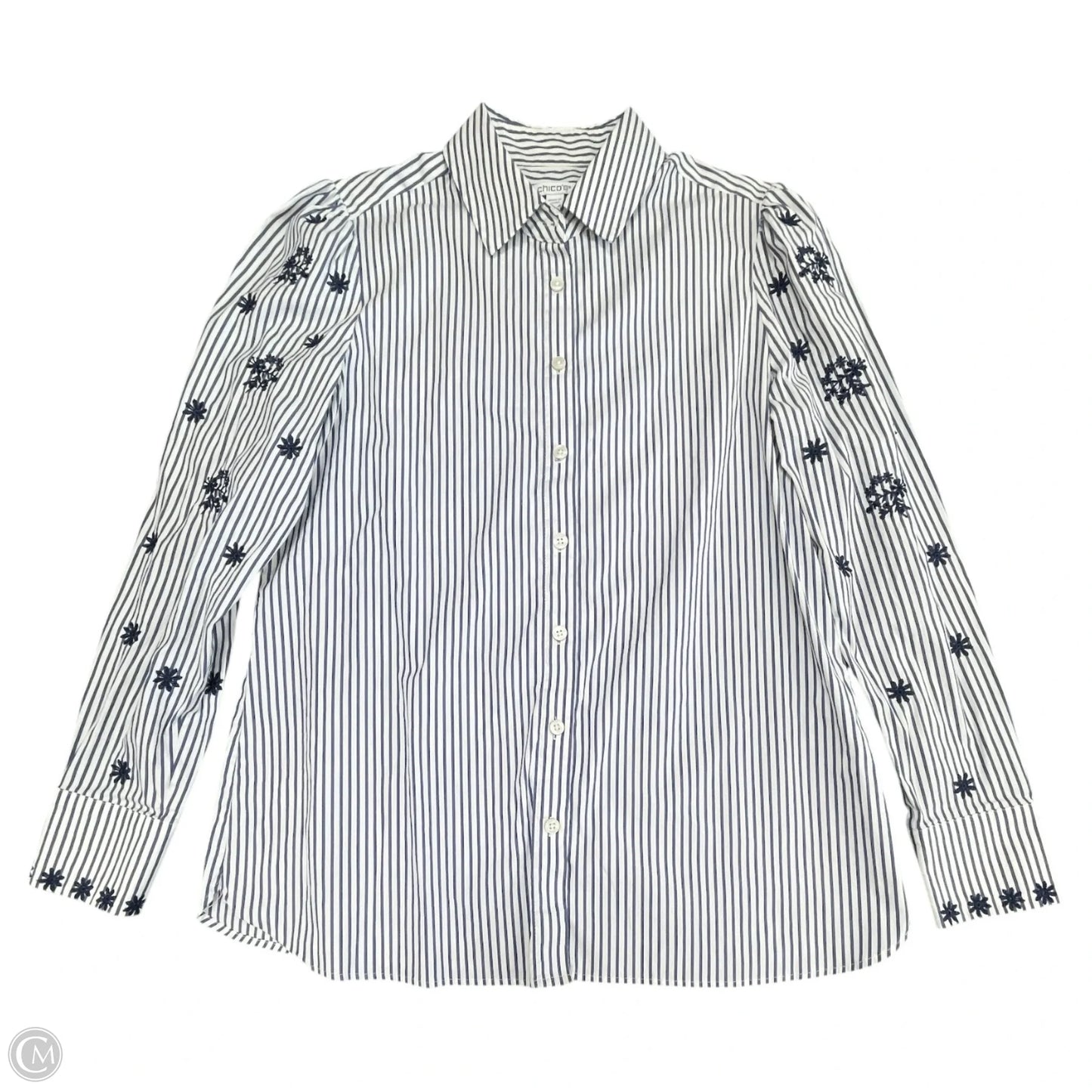 Top Long Sleeve By Chicos In Blue & White, Size: 6