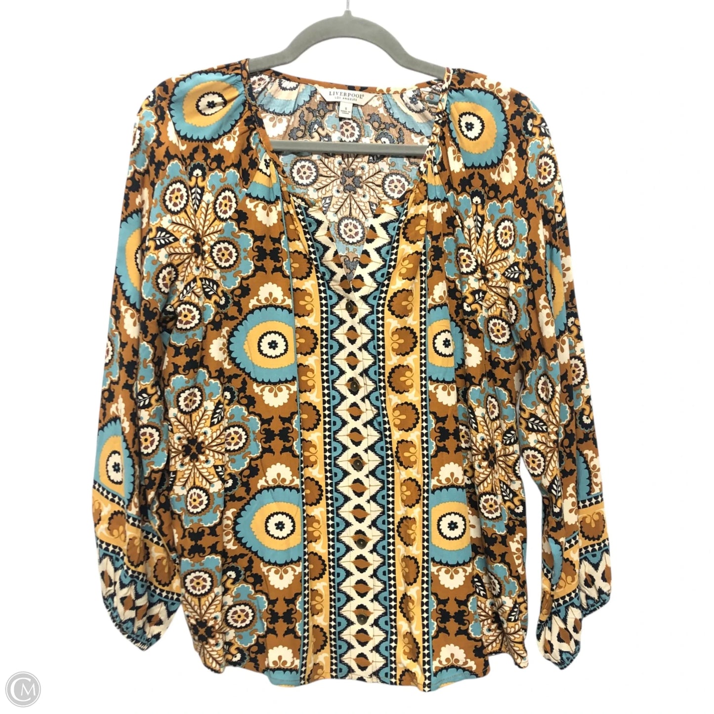 Top Long Sleeve By Liverpool In Blue & Brown, Size: S