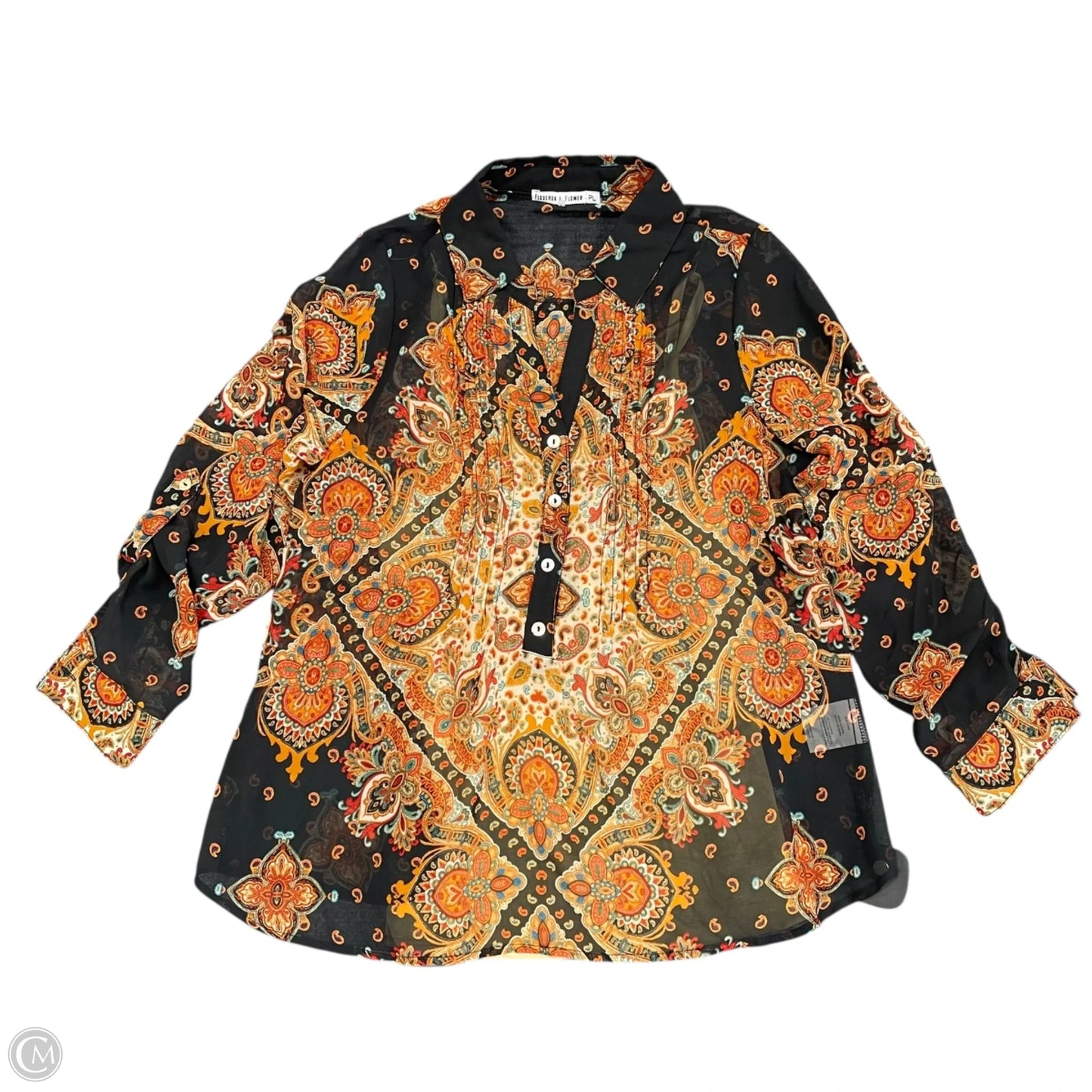 Blouse Long Sleeve By Figuero & Flower In Black & Orange, Size: Lp