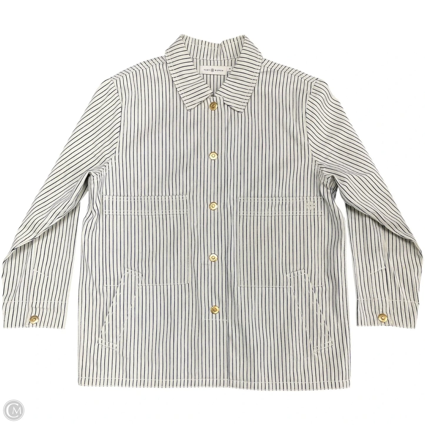 Jacket Designer By Tory Burch In Blue & Cream, Size: 10