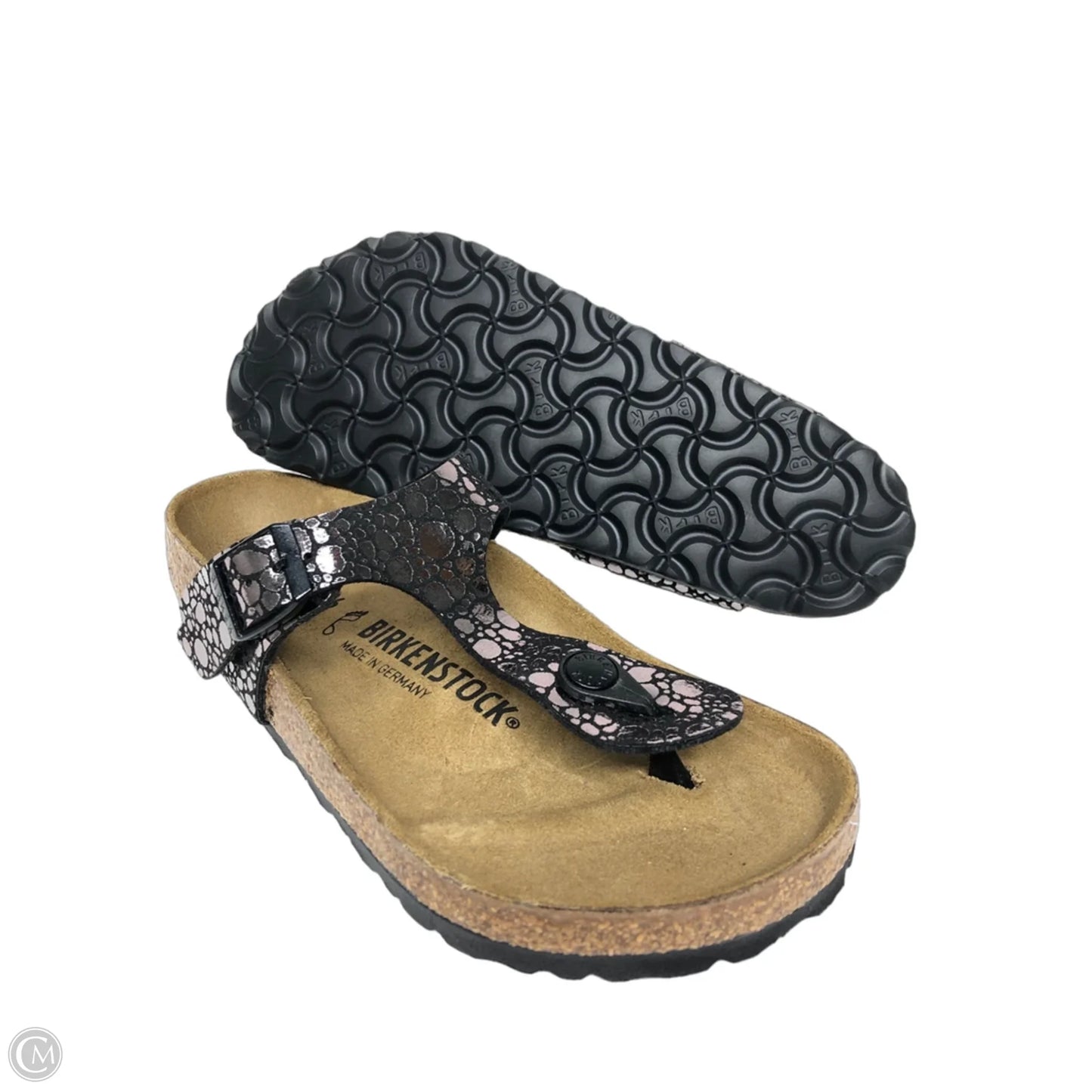 Sandals Flats By Birkenstock In Black & Silver, Size: 5