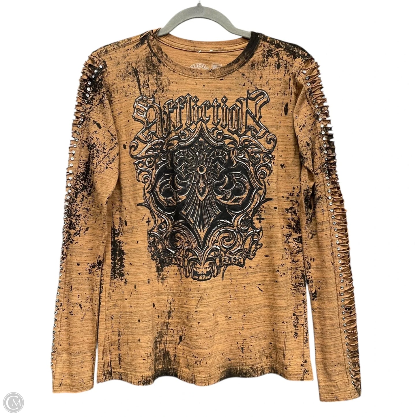 Top Long Sleeve By Affliction In Black & Tan, Size: S