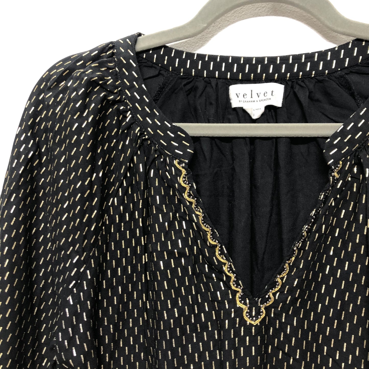 Black & Gold Blouse 3/4 Sleeve Velvet By Graham & Spencer, Size S