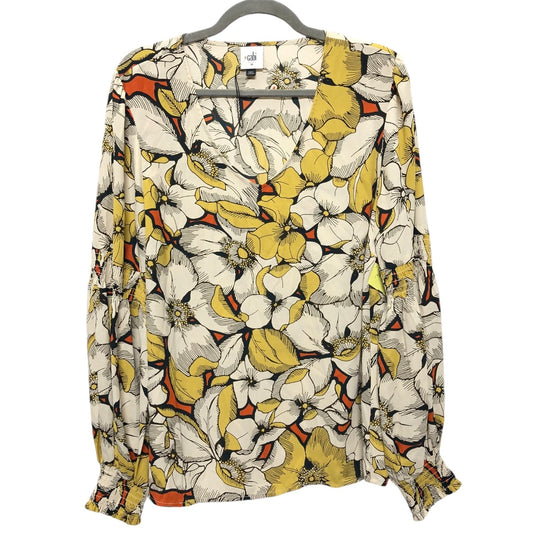 Blouse Long Sleeve By Cabi In White & Yellow, Size: M