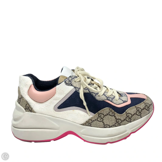 Shoes Luxury Designer By Gucci In Blue & Tan, Size: 8.5