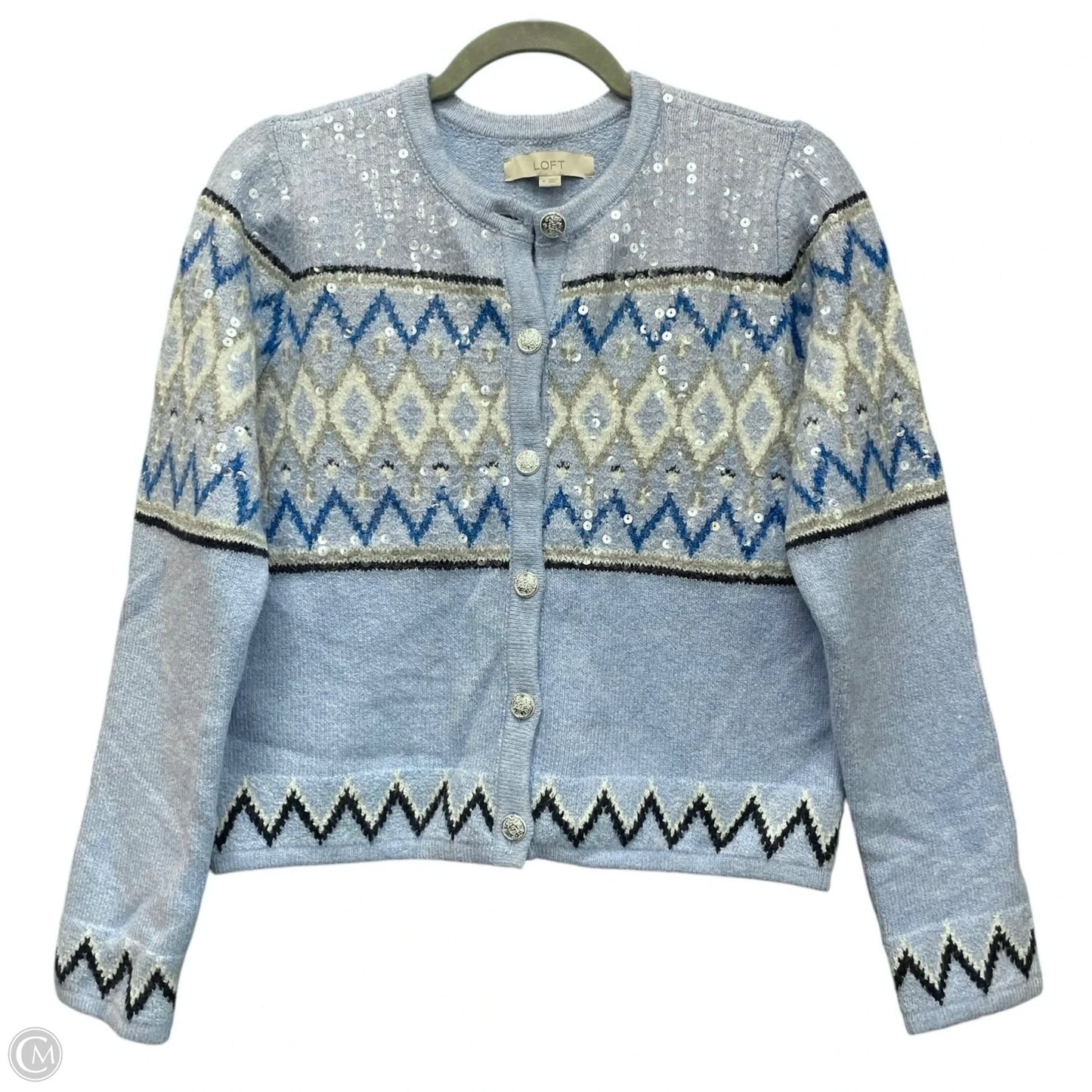 Sweater Cardigan By Loft In Blue & White, Size: M