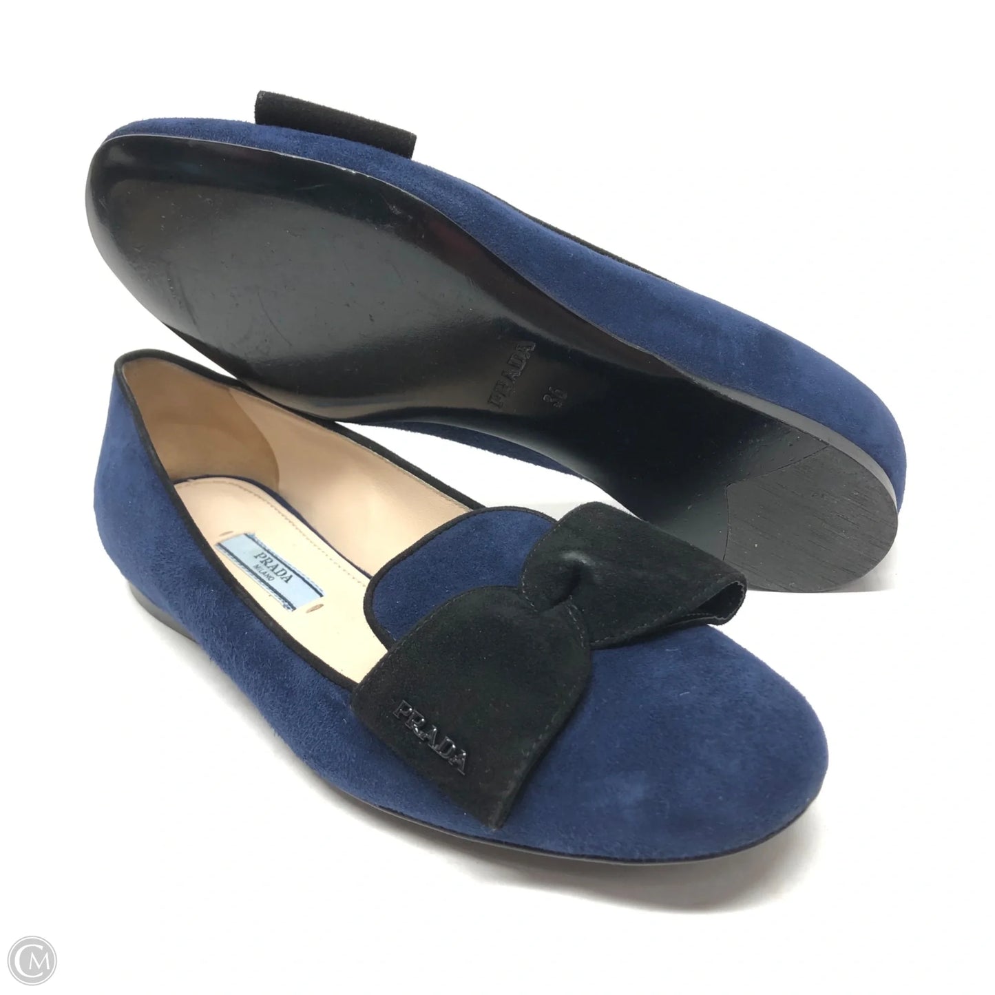 Shoes Luxury Designer By Prada In Black & Blue, Size: 5.5