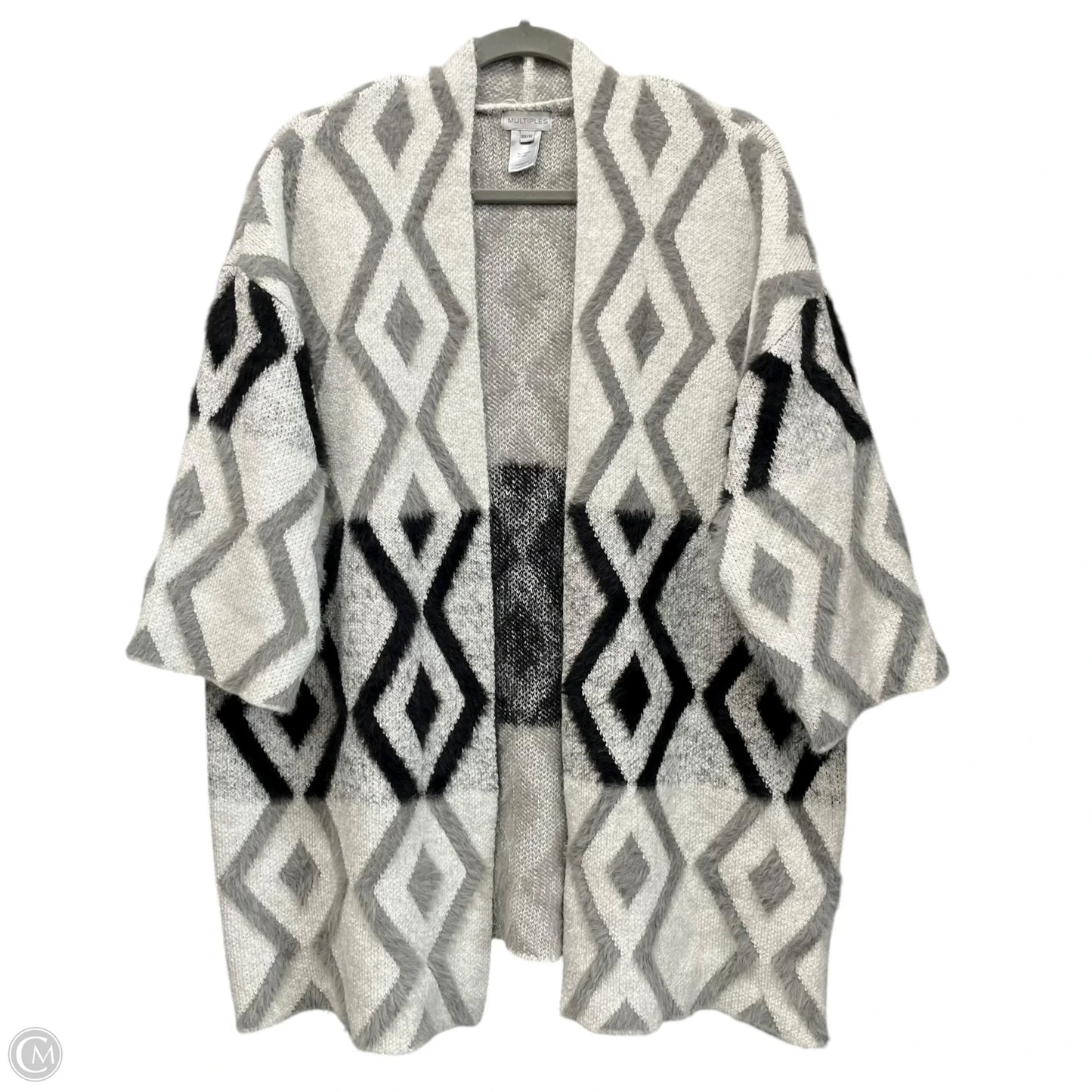 Sweater Cardigan By Multiples In Grey & White, Size: 1x