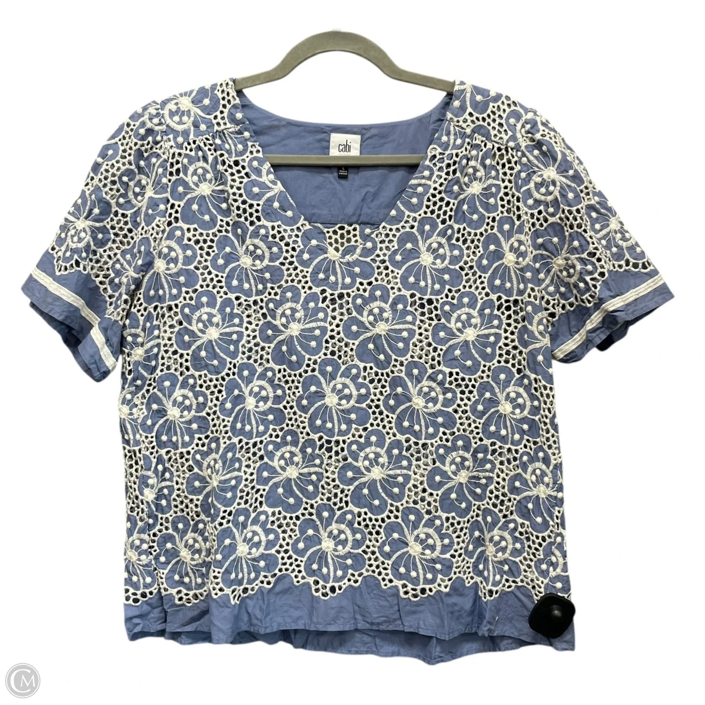 Top Short Sleeve By Cabi In Blue & White, Size: L