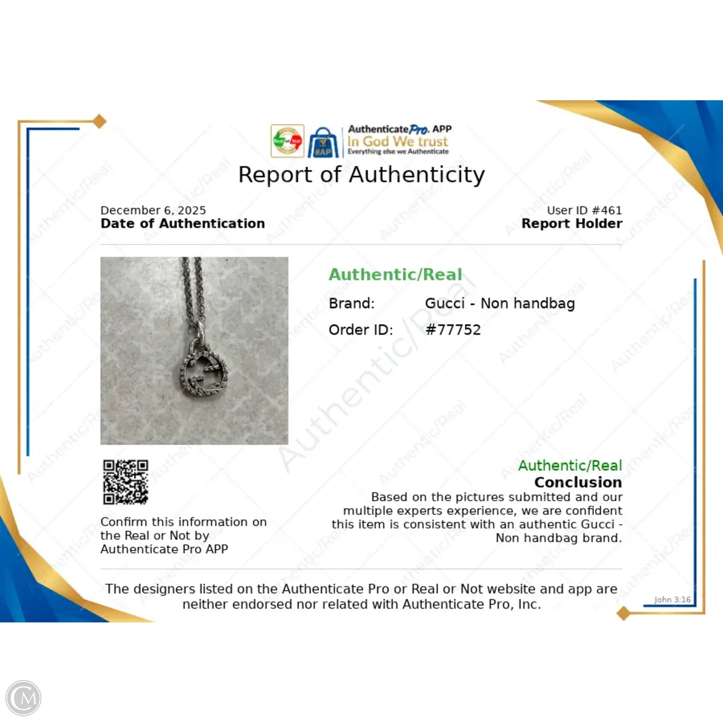 Necklace Luxury Designer By Gucci