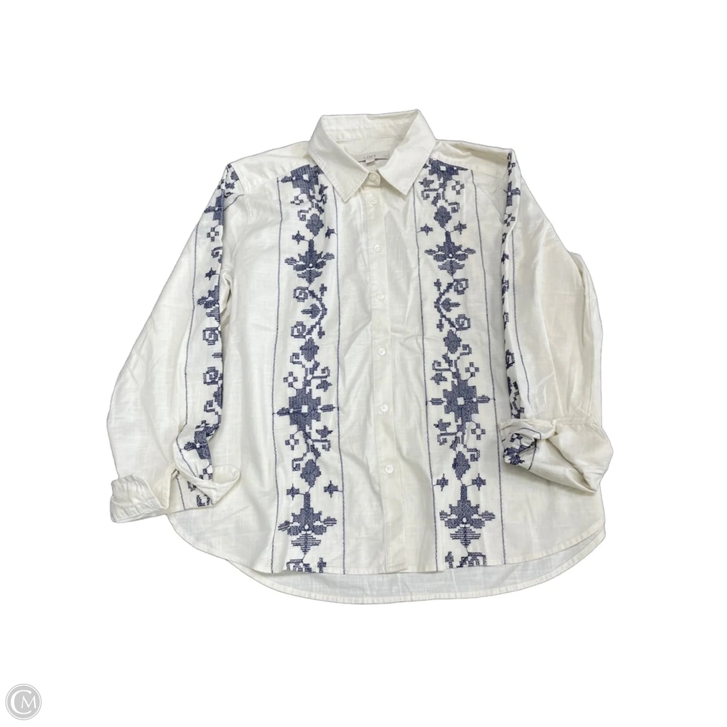 Top Long Sleeve By Loft In Blue & Cream, Size: L