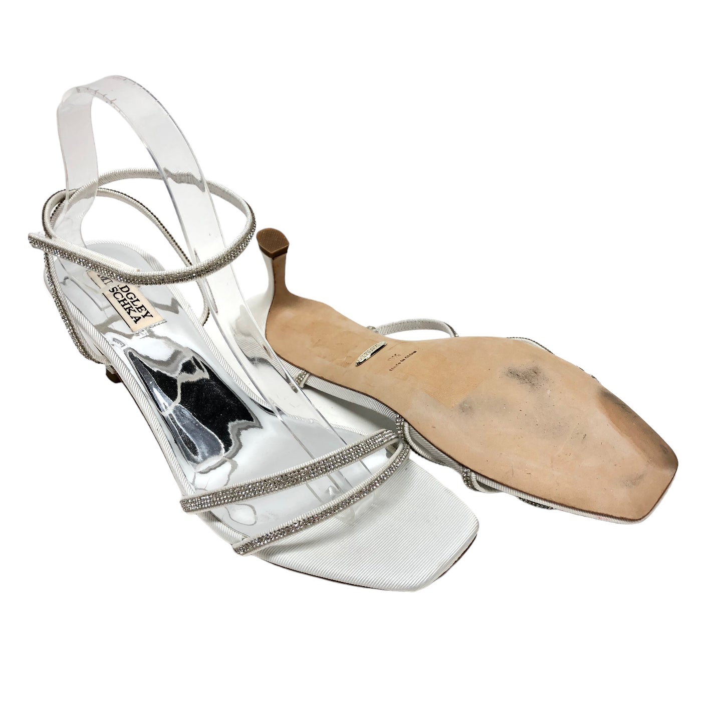 Silver & White Sandals Heels Kitten Badgley Mischka, Size 9.5