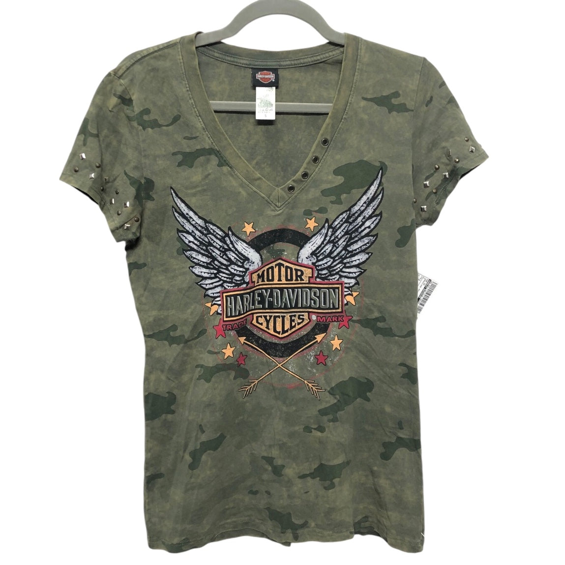 Top Short Sleeve By Harley Davidson In Camouflage Print, Size: S