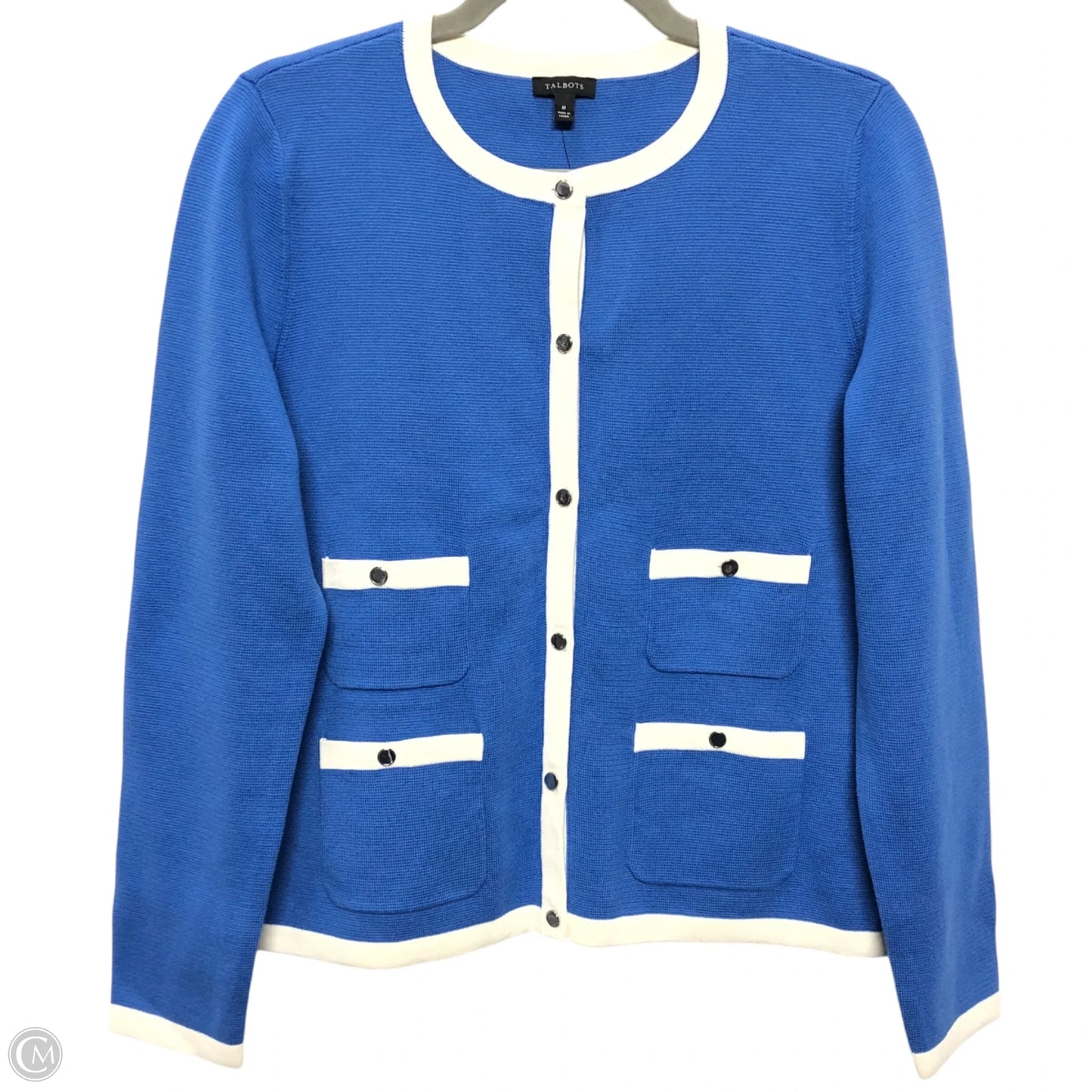 Sweater Cardigan By Talbots In Blue & White, Size: M