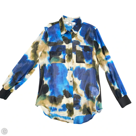 Blouse Long Sleeve By Dkny In Blue & Cream, Size: S