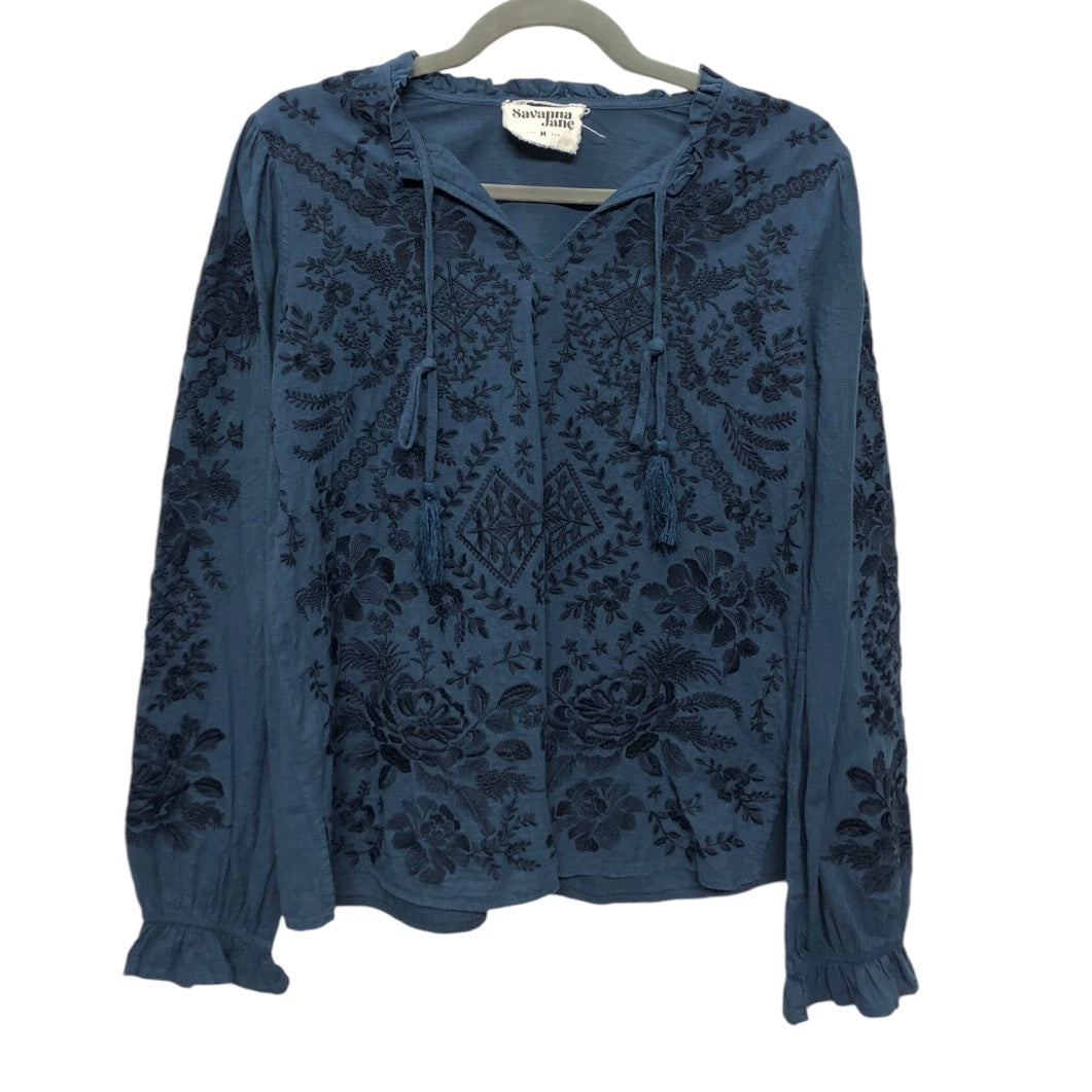 Blouse Long Sleeve By Savanna Jane In Blue, Size: M