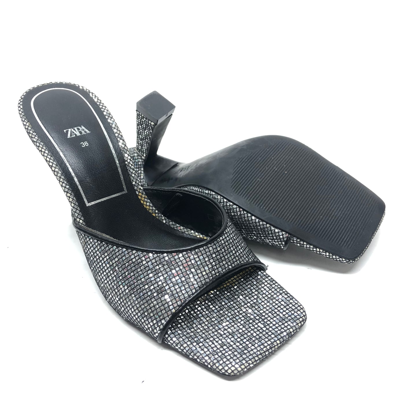 Sandals Heels Block By Zara In Black & Silver, Size: 6