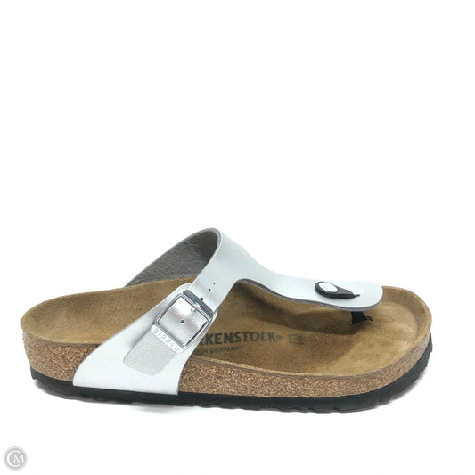 Sandals Flats By Birkenstock In Silver, Size: 7