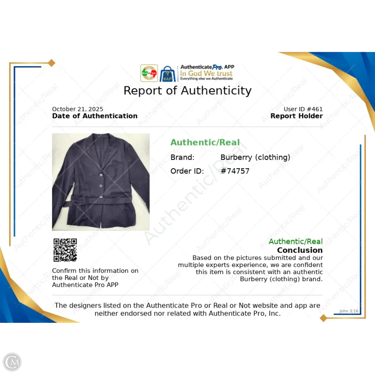 Blazer Luxury Designer By Burberry In Navy, Size: S