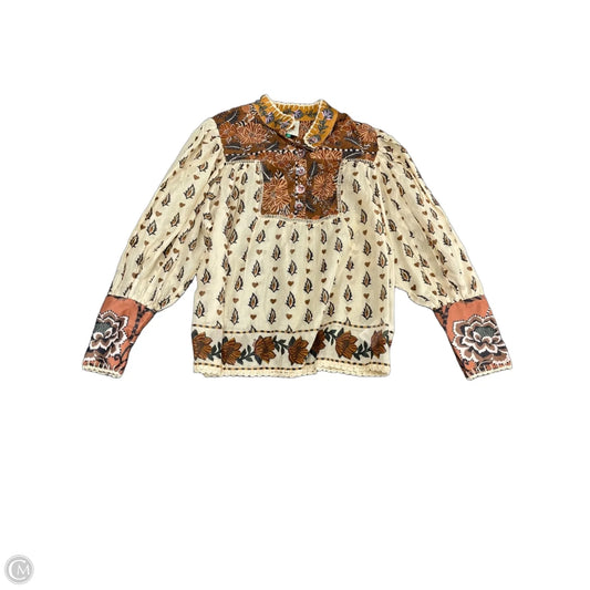 Blouse Long Sleeve By Farm Rio In Brown & Cream, Size: S