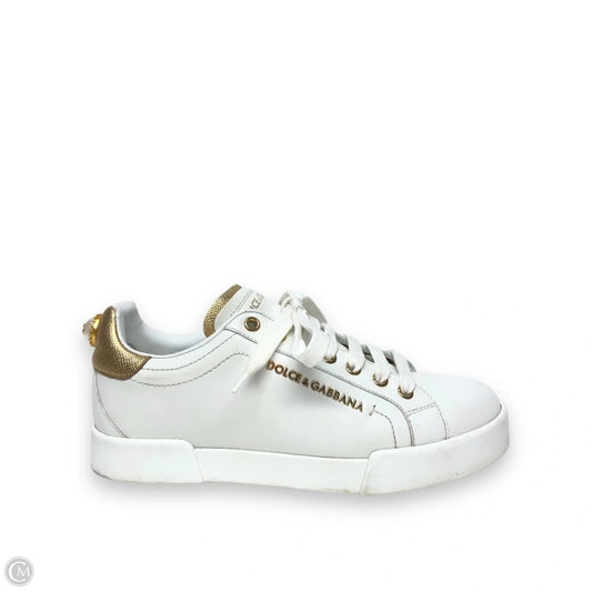 Shoes Luxury Designer By Dolce And Gabbana In Gold & White, Size: 7.5