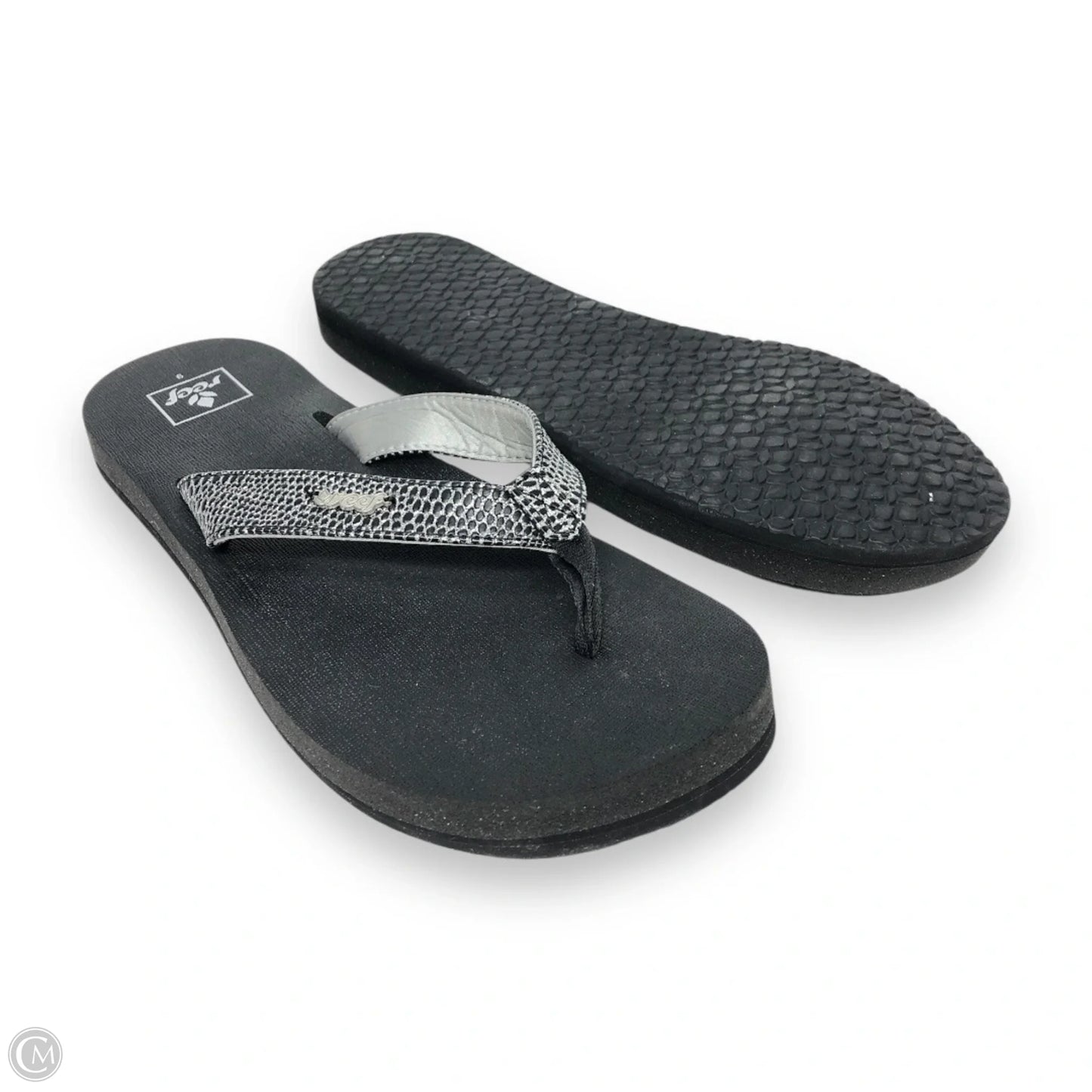 Sandals Flip Flops By Reef In Black & Silver, Size: 9.5