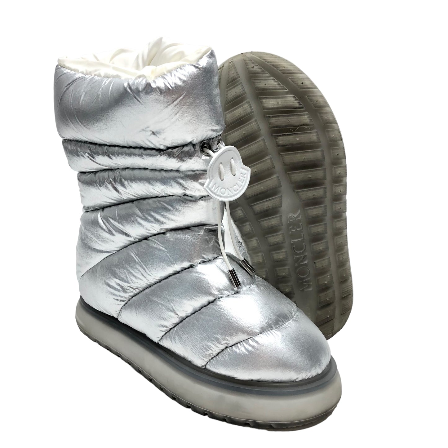 Boots Luxury Designer By Moncler In Silver, Size: 8