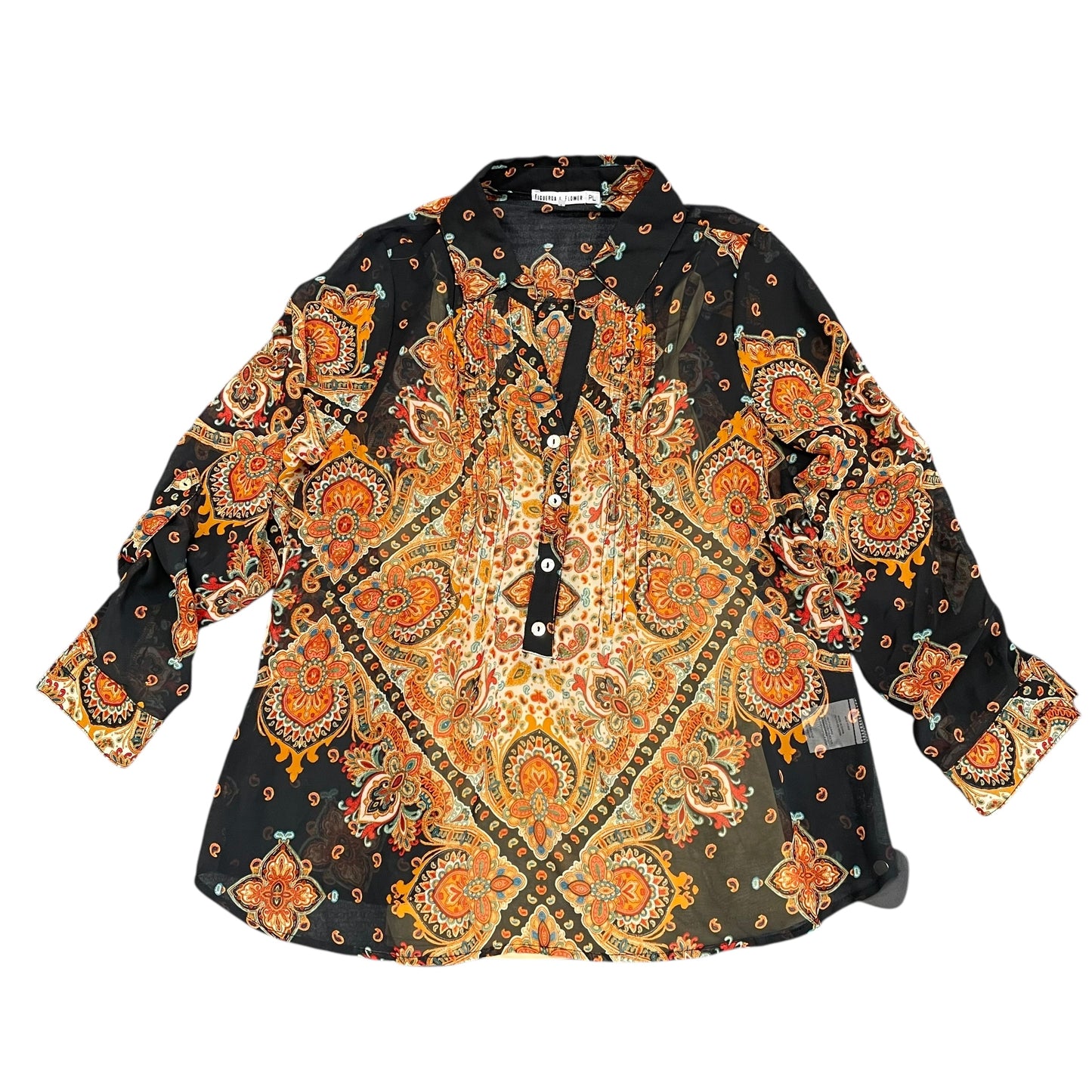 Blouse Long Sleeve By Figuero & Flower In Black & Orange, Size: Lp