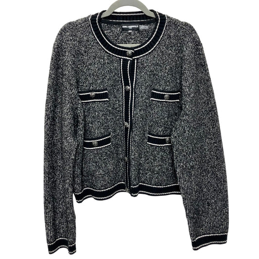 Sweater Cardigan Designer By Karl Lagerfeld In Black & Grey, Size:Xl