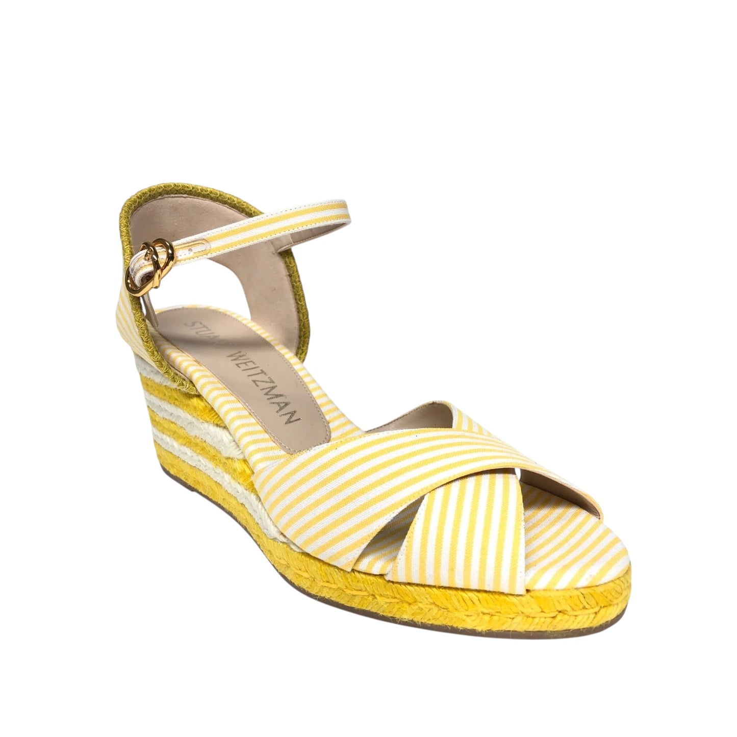 Sandals Designer By Stuart Weitzman In White & Yellow, Size: 8.5
