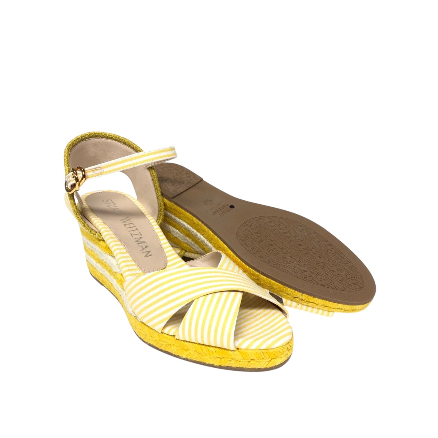 Sandals Designer By Stuart Weitzman In White & Yellow, Size: 8.5